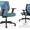 Composite image of a Run II mid-back chair, front and back. It has a blue dotted pattern cushion seat, adjustable arms, and blue patchwork mesh back.