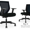 Composite image of a Run II mid-back chair, front and back. It has a black leather cushion seat, adjustable arms, and black mesh back.