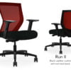 Composite image of a Run II mid-back chair, front and back. It has a black leather cushion seat, adjustable arms, and red mesh back.