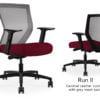 Composite image of a Run II mid-back chair, front and back. It has a red leather cushion seat, adjustable arms, and grey mesh back.