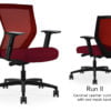 Composite image of a Run II mid-back chair, front and back. It has a red leather cushion seat, adjustable arms, and red mesh back.