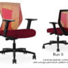 Composite image of a Run II mid-back chair, front and back. It has a red leather cushion seat, adjustable arms, and orange patchwork mesh back.