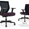 Composite image of a Run II mid-back chair, front and back. It has a deep amethyst cushion seat, adjustable arms, and black mesh back.
