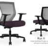 Composite image of a Run II mid-back chair, front and back. It has a deep amethyst cushion seat, adjustable arms, and grey mesh back.