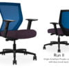 Composite image of a Run II mid-back chair, front and back. It has a deep amethyst cushion seat, adjustable arms, and blue mesh back.