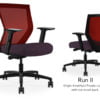 Composite image of a Run II mid-back chair, front and back. It has a deep amethyst cushion seat, adjustable arms, and red mesh back.