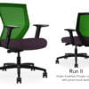 Composite image of a Run II mid-back chair, front and back. It has a deep amethyst cushion seat, adjustable arms, and green mesh back.