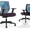 Composite image of a Run II mid-back chair, front and back. It has a deep amethyst cushion seat, adjustable arms, and blue patchwork mesh back.