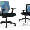 Composite image of a Run II mid-back chair, front and back. It has a black cushion seat, adjustable arms, and blue patchwork mesh back.