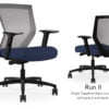 Composite image of a Run II mid-back chair, front and back. It has a dark blue cushion seat, adjustable arms, and grey mesh back.