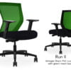 Composite image of a Run II mid-back chair, front and back. It has a black PVC cushion seat, adjustable arms, and green mesh back.
