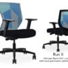 Composite image of a Run II mid-back chair, front and back. It has a black PVC cushion seat, adjustable arms, and blue patchwork mesh back.