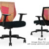 Composite image of a Run II mid-back chair, front and back. It has a black PVC cushion seat, adjustable arms, and orange patchwork mesh back.