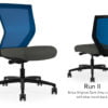 Composite image of a Run II mid-back chair, front and back. It has a dark grey cushion, and blue mesh back.