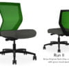 Composite image of a Run II mid-back chair, front and back. It has a dark grey cushion, and green mesh back.
