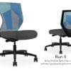 Composite image of a Run II mid-back chair, front and back. It has a dark grey cushion, and blue patchwork mesh back.