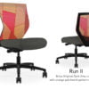 Composite image of a Run II mid-back chair, front and back. It has a dark grey cushion, and orange patchwork mesh back.