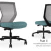 Composite image of a Run II mid-back chair, front and back. It has a blue dotted pattern cushion, and grey mesh back.