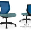 Composite image of a Run II mid-back chair, front and back. It has a blue dotted pattern cushion, and blue mesh back.