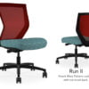 Composite image of a Run II mid-back chair, front and back. It has a blue dotted pattern cushion, and red mesh back.