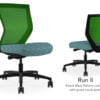 Composite image of a Run II mid-back chair, front and back. It has a blue dotted pattern cushion, and green mesh back.