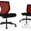 Composite image of a Run II mid-back chair, front and back. It has a black leather cushion, and red mesh back.