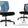 Composite image of a Run II mid-back chair, front and back. It has a black leather cushion, and blue patchwork mesh back.