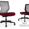Composite image of a Run II mid-back chair, front and back. It has a red leather cushion, and grey mesh back.