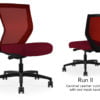 Composite image of a Run II mid-back chair, front and back. It has a red leather cushion, and red mesh back.