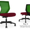 Composite image of a Run II mid-back chair, front and back. It has a red leather cushion, and green mesh back.