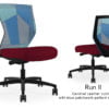 Composite image of a Run II mid-back chair, front and back. It has a red leather cushion, and blue patchwork mesh back.