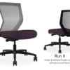 Composite image of a Run II mid-back chair, front and back. It has a deep amethyst cushion, and grey mesh back.