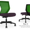 Composite image of a Run II mid-back chair, front and back. It has a deep amethyst cushion, and green mesh back.