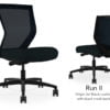 Composite image of a Run II mid-back chair, front and back. It has a black cushion, and black mesh back.