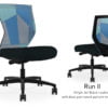 Composite image of a Run II mid-back chair, front and back. It has a black cushion, and blue patchwork mesh back.
