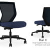 Composite image of a Run II mid-back chair, front and back. It has a dark blue cushion, and black mesh back.