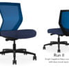 Composite image of a Run II mid-back chair, front and back. It has a dark blue cushion, and blue mesh back.