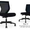 Composite image of a Run II mid-back chair, front and back. It has a black PVC cushion, and black mesh back.
