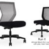 Composite image of a Run II mid-back chair, front and back. It has a black PVC cushion, and grey mesh back.
