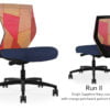 Composite image of a Run II mid-back chair, front and back. It has a dark blue cushion seat, adjustable arms, and orange patchwork mesh back.