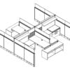 Technical drawing of Global's Evolve EV504 System, configured as a 4 pack of partially enclosed office cubicles. A small work area is placed at the back wall. At the end, is a pair of neighboring credenzas.