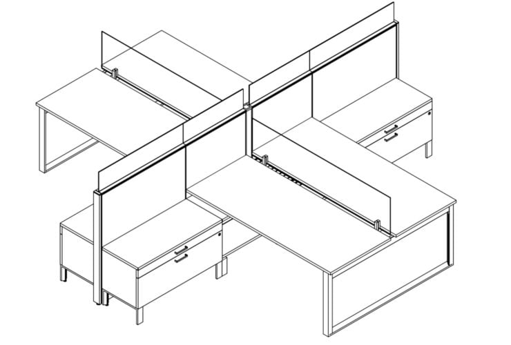 Technical drawing of Global's Evolve EV507 System, configured as a pair of facing cubicles (4-pack). A clear screen separates each facing station, and has a credenza on the neighboring sidewall.