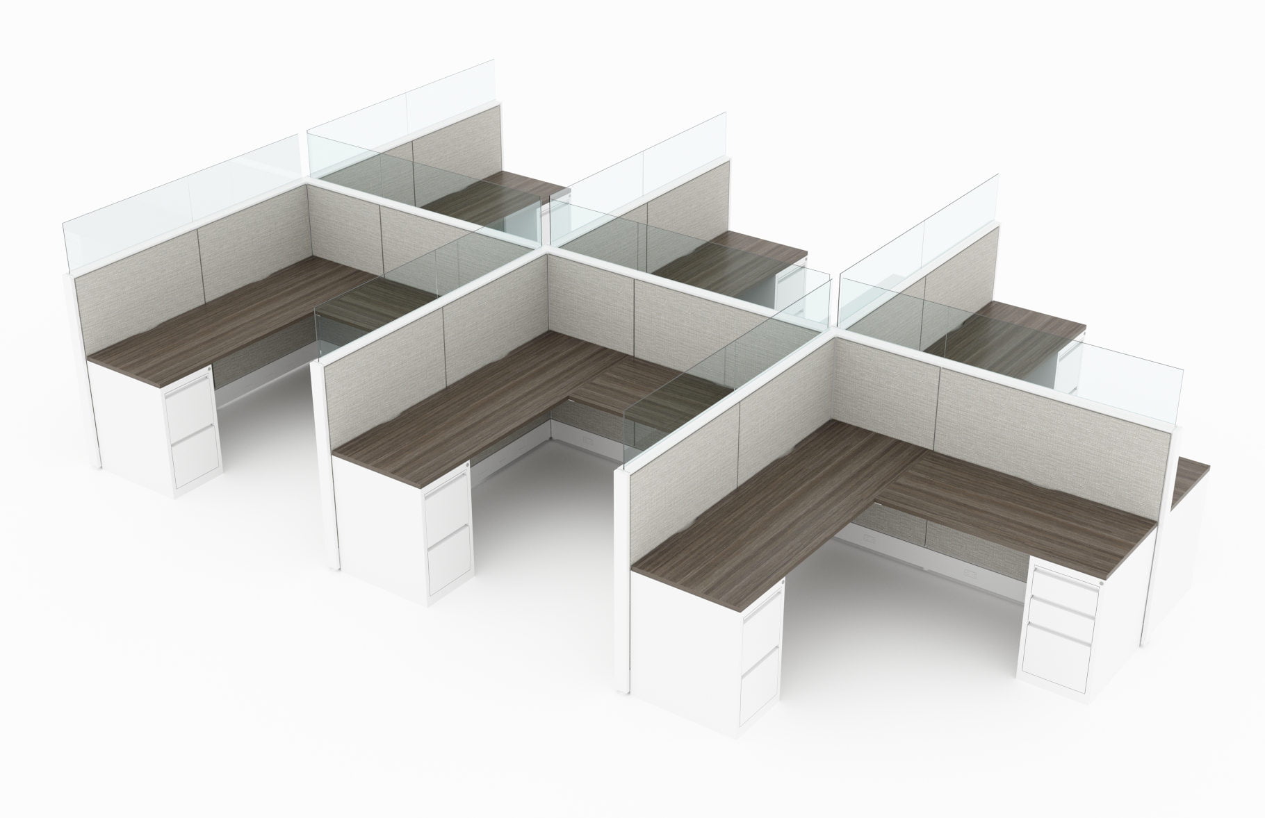 6-Person set of L-shaped workstations. Frameless glass pieces are featured on the top and side partitions. Two sets of supply drawers are placed at each end of each work station. of the partition. This is rendered on a white background. Model is EV510.