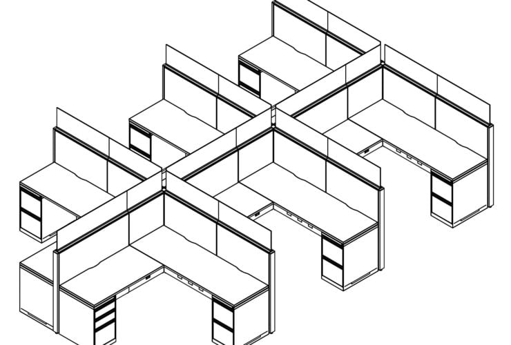 Technical drawing of Global's Evolve EV510 System, configured as a 6 pack of office cubicles. On the outer-sides of this arrangement is a pair of desk drawers.