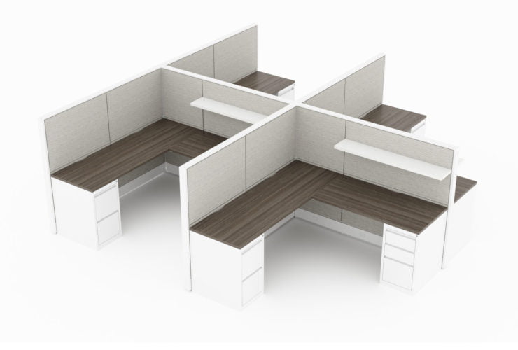4-Person set of L-shaped workstations, with end paneling. Mobile pedestal drawers are underneath each side of each work area. A small wide shelf is mounted on the paneling that separates facing workstations. It is rendered on a white background. Model is EV511.
