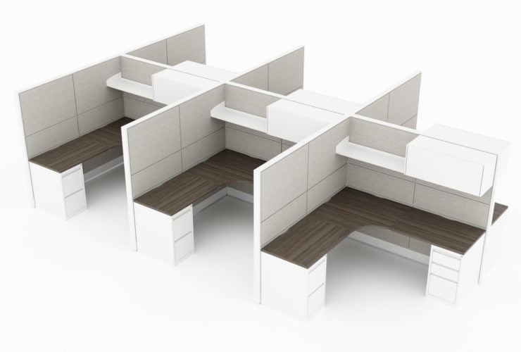 6-Person set of L-shaped workstations, with a beveled style on the inner corner. A single shelf is just above, with a cabinet as part of its right side. Mobile pedestal drawers are underneath each side of each work area. This is rendered on a white background. Model is EV512.