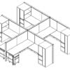 Technical drawing of Global's Evolve EV513 System, configured as a 4 pack of office cubicles. On the outer-sides of this arrangement is a full height cabinet with 2 drawers. Two shelves face to the user. A rolling pair of drawers is placed opposite.