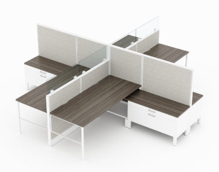 4-Person set of L-shaped workstations, with high paneling, end to end. On the lower desk surface, a wide filing drawer is placed underneath. By one's foot, a small shelf can hold additional possessions. Model is CM507.