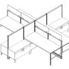 Technical drawing of the Compile CM507 4-Pack of work stations. Each station has a set of space dividers. To one side is a wide filing drawer, with a slim supply drawer just above.