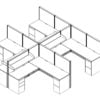 Technical drawing of the Compile CM511 4-Pack of work stations. Each station is partially enclosed, with a small shelf above each workstation. On each side is a set of drawers, for storing files and supplies.